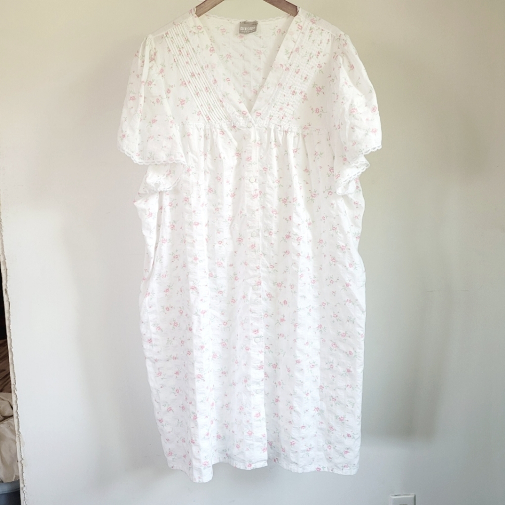 Vintage Alexis Reed Housecoat White Pink Peony Floral Print Pockets Womens OSFM